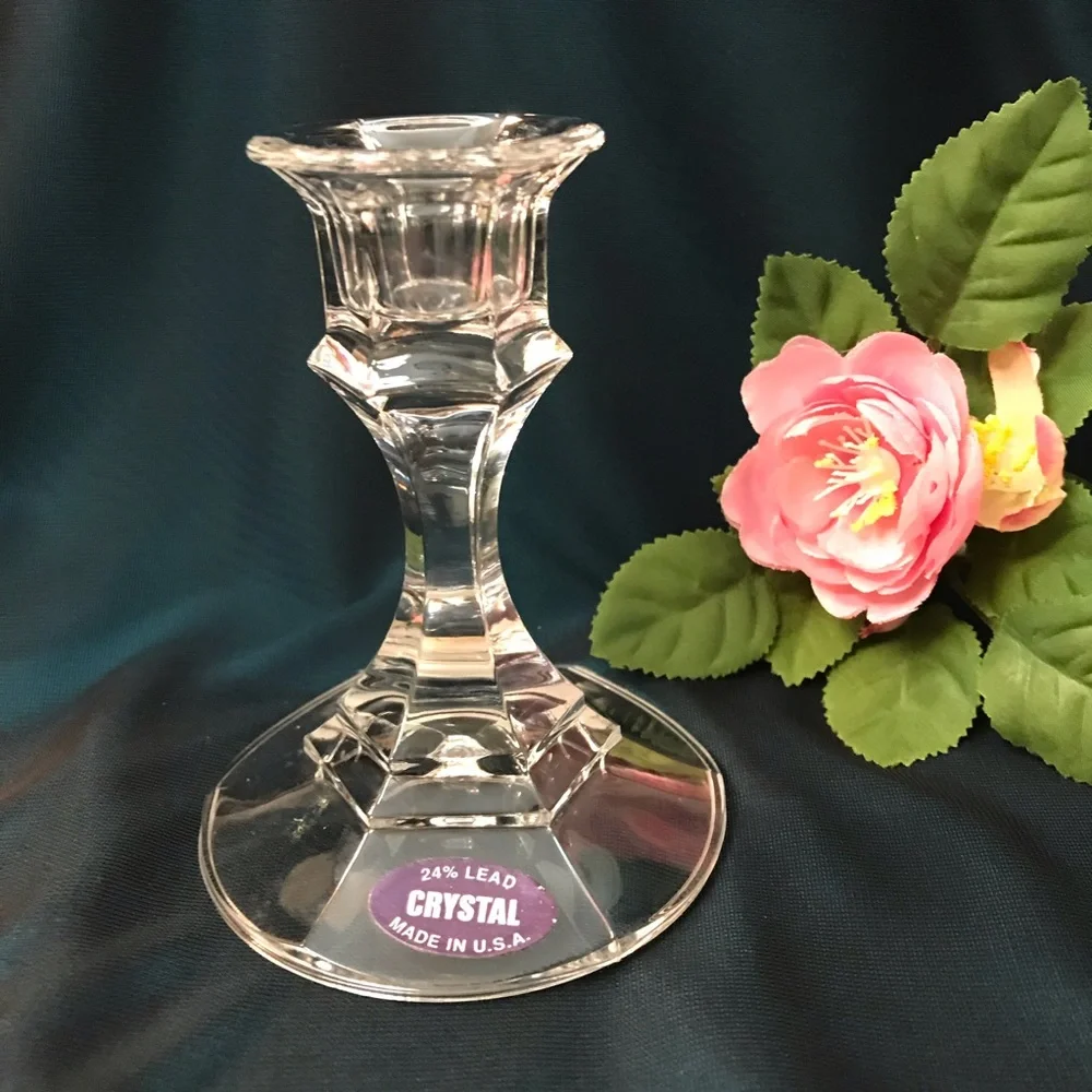 Vintage Pair 24% Lead Crystal Candle Holders Made in USA 4.25” Original Labels